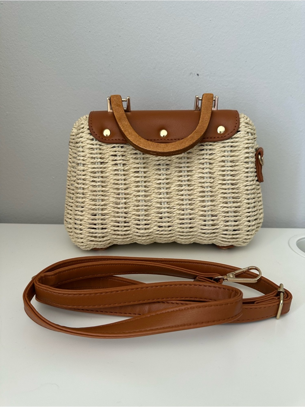 Woven Straw Crossbody Bag with Brown Leather Flap - Picture 5 of 5